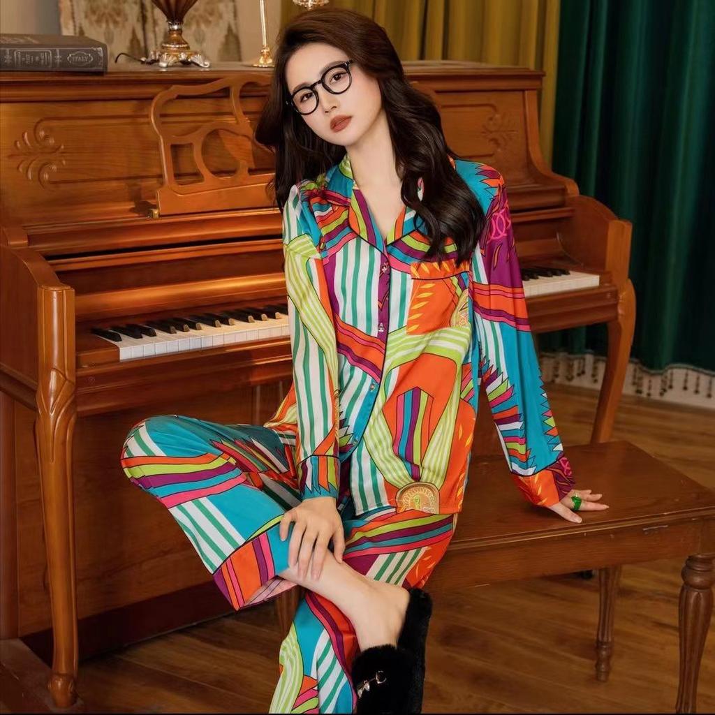 Shanghai Story Ice Silk Satin Pajama Set - Long Sleeve, Plus Size, Indoor/Outdoor Wear