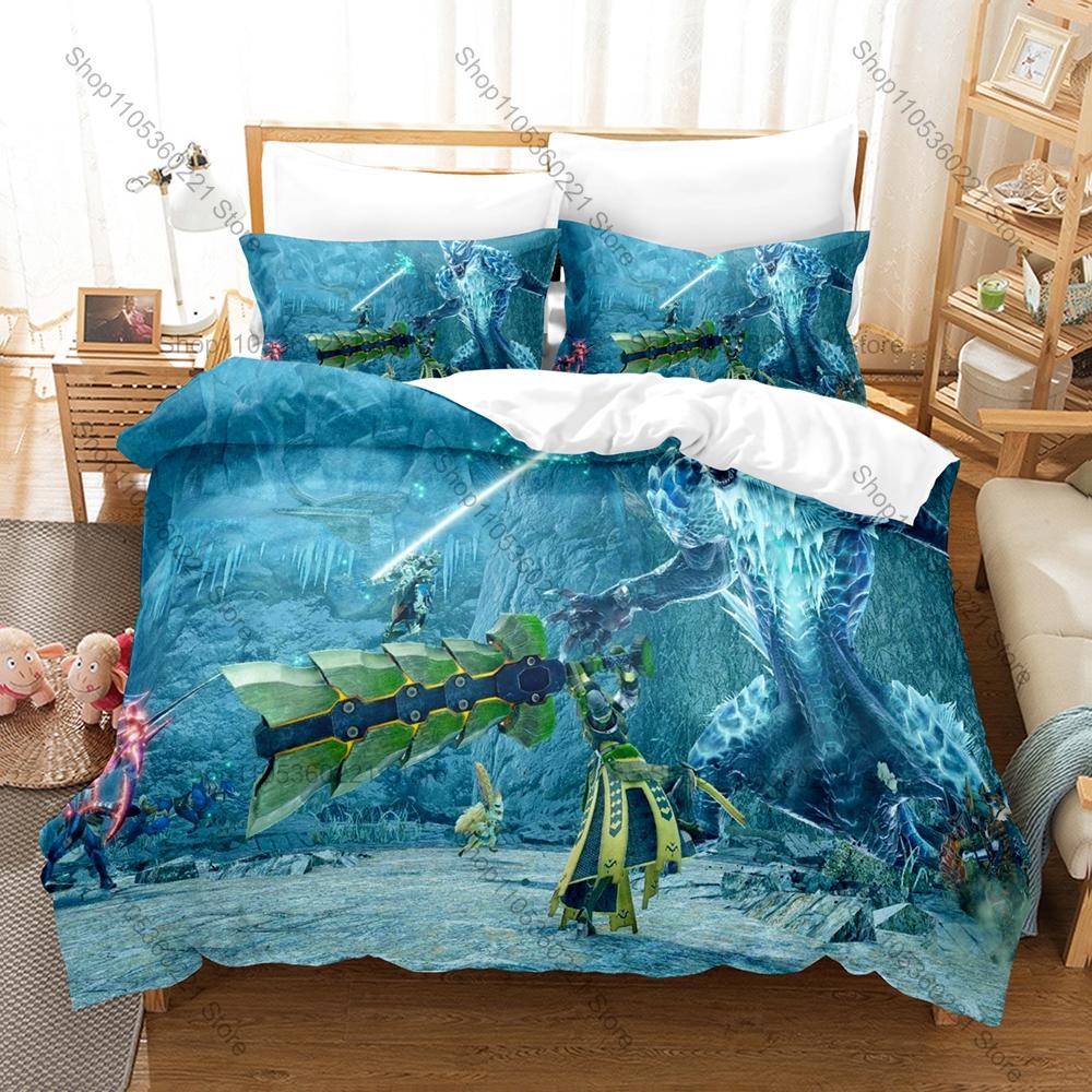 Monster Hunter Rise Merch 3-delat Sängkläder Påslakan Med 2 Örngott Tvättbar Dragkedja Spel Sängöverkast