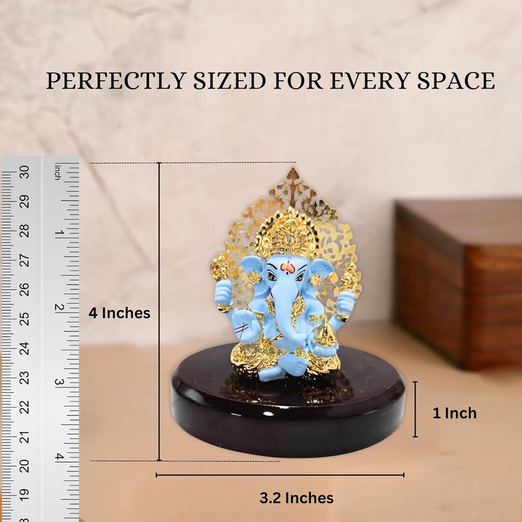 Gold Plated Kalpavrikshya Tree Ganesh Idol Ganpati Murti for Car Dashboard, Office Desk, Hindu God Gift & Home Decor - Resin (Blue)