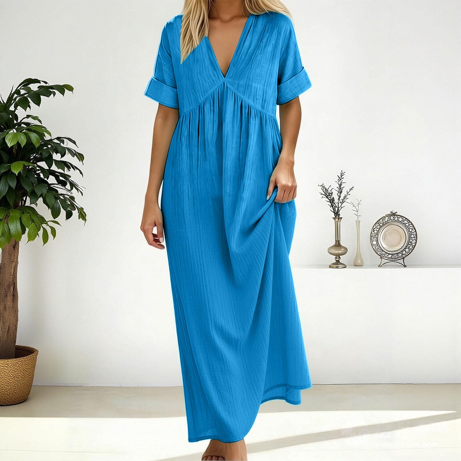 

Women Elastic High Waist 3/4 Pant Casual Fit Wide Capris Leg Pants Trousers With Pockets L синий