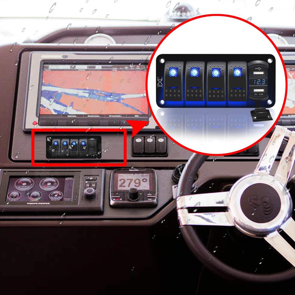 Purishion 4 Gang Rocker Switch Aluminum Panel with Voltmeter & Dual USB(4.8 Amps) Fast Charging, Blue Backlit Led, Pre-Wired IP65 Waterproof for