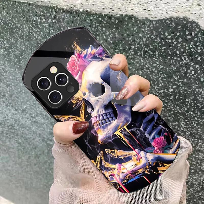 Skeleton Skull Flower For IPhone 16 Pro Max 11 12 Mini 13 14 P Lus 15 Plus 7 8 Se 2020 X Xs Elliptical Tempered Glass Phone Case