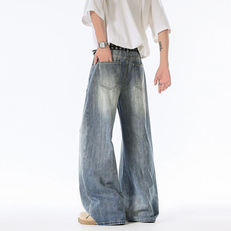 American Retro Scimitar Jeans Summer Ripped Loose Wide-leg Pants Washed Cat Beard Thin Mopping Pants Long Pants