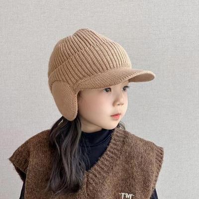 Kids Baseball Cap with Ear Flaps, Winter Knit Hat for Boys, Warm Beanie with Brim for Toddler To Big Kids, Cold Weather Skull Cap