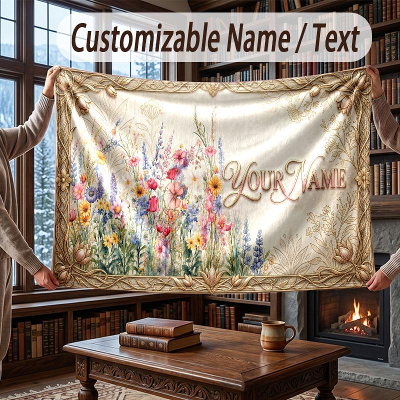 Floral Garden Theme Throw Blanket Custom Name Text Personalized Blanket Soft Cozy Blanket for Home Sofa Bed