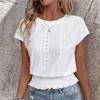 2026 Spring/Summer Jacquard Solid Color Round Neck Ruched Hollow Batwing Short Sleeve Women's T-Shirt for Commuting