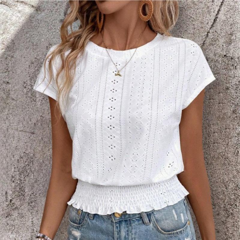 2026 Spring/Summer Jacquard Solid Color Round Neck Ruched Hollow Batwing Short Sleeve Women's T-Shirt for Commuting