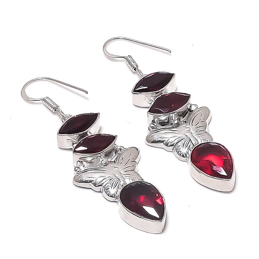 Natural Garnet Gemstone Handmade 925 Sterling Silver Earring 2.36" r1b69