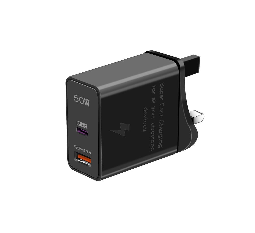 50W Dual-Port Charger, Compatible with Samsung, Huawei, and Apple Phones, PD Fast Charging Adapter for EU/US/UK Standards.