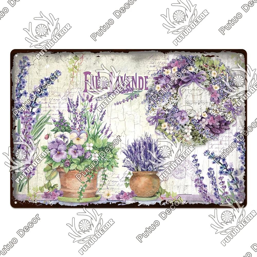 Putuo Decor Lavendel Metallskyltar Plåtposter Metall Vintage Solros Skyltar Retro Blomma Plåtskylt Tusensköna Väggdekor för Hem Trädgård