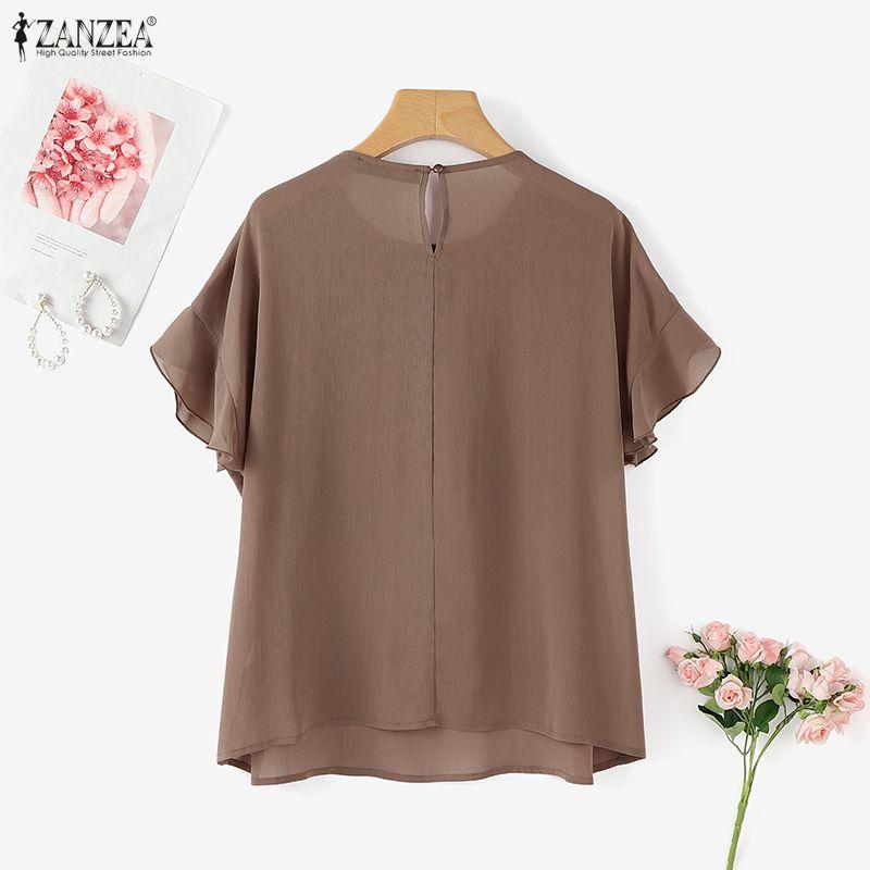 ZANZEA Women Casual Round Neck Loose Ruffles Short Sleeve Blouse