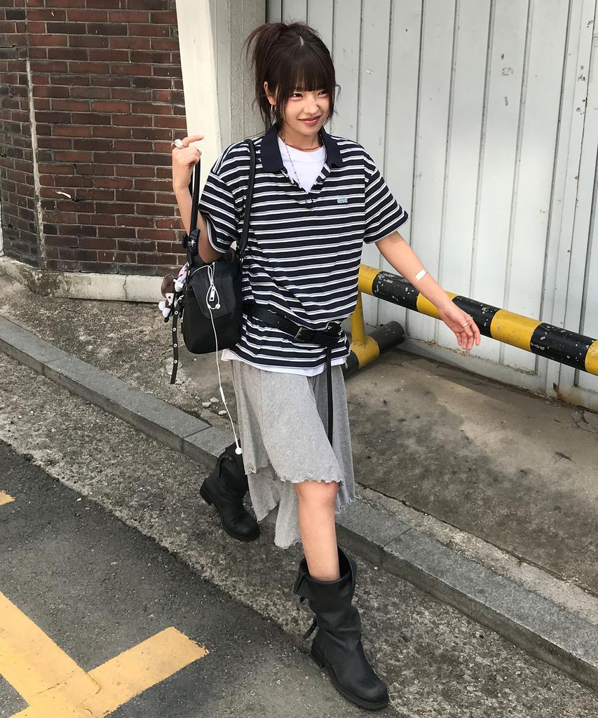 CGP (Women) Oversized Striped Short Sleeve Collared T-Shirt - Dark Navy
