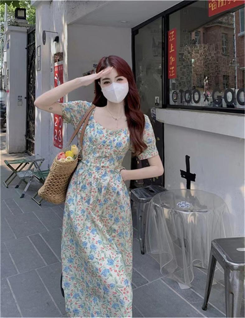 Women's French Square Neck Floral Dress Summer New Waist Thin Small Fresh A Word Coffee Break Dress