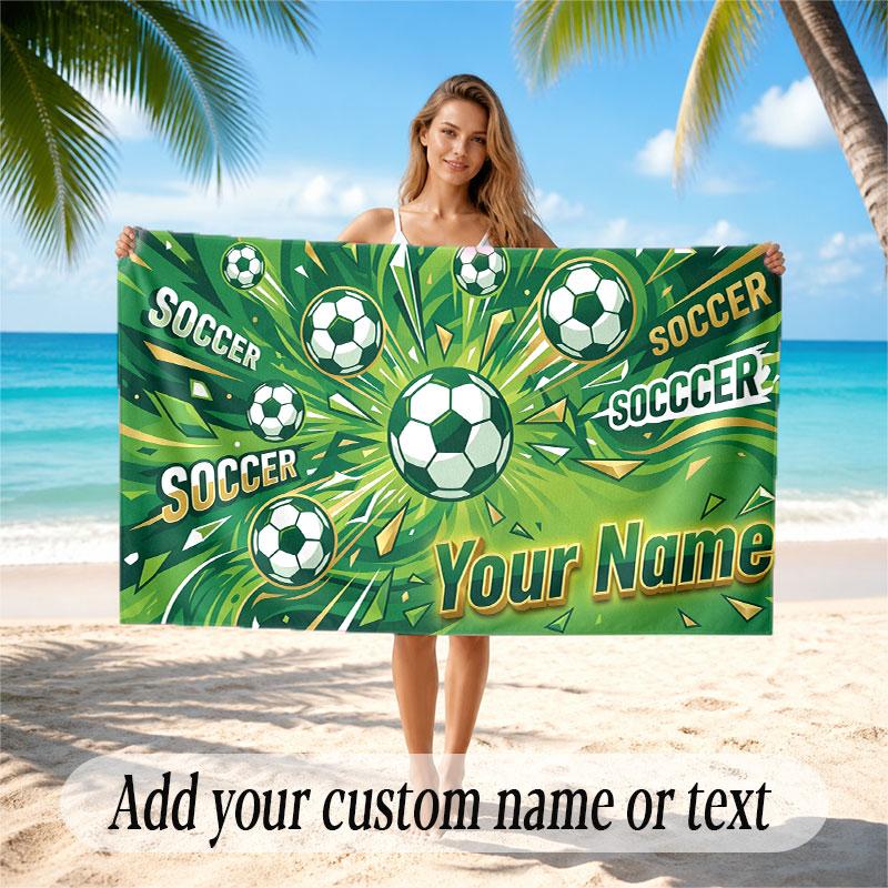 Soccer Theme Beach Towel Personalized Custom Name & Text Soft Quick Dry Beach Towel for Swimming Travel