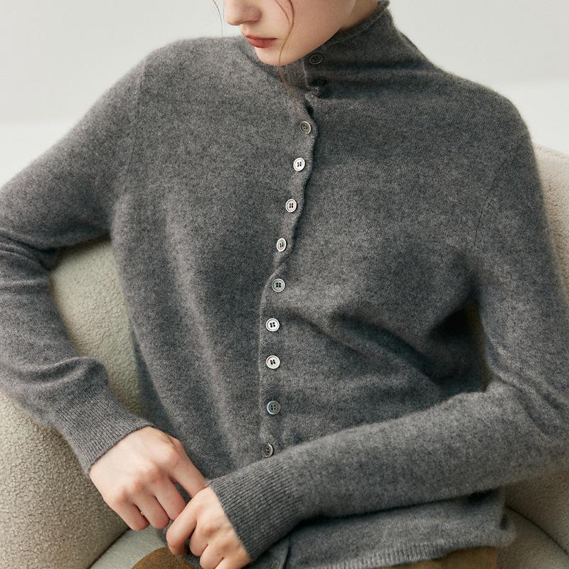 Women's Minimalist Rolled-Edge Cashmere Sweater - Semi-High Neck, Loose Fit, Slimming, Long Sleeve Knitted Base Layer