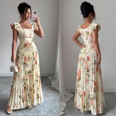 Vestido Feminino Verão Estampado de Rosas Gola Quadrada Zíper Manga Borboleta Vestidos Longos Femininos Elegante Cintura Alta Linha A Plissado Festa à Noite Vestido de Senhora