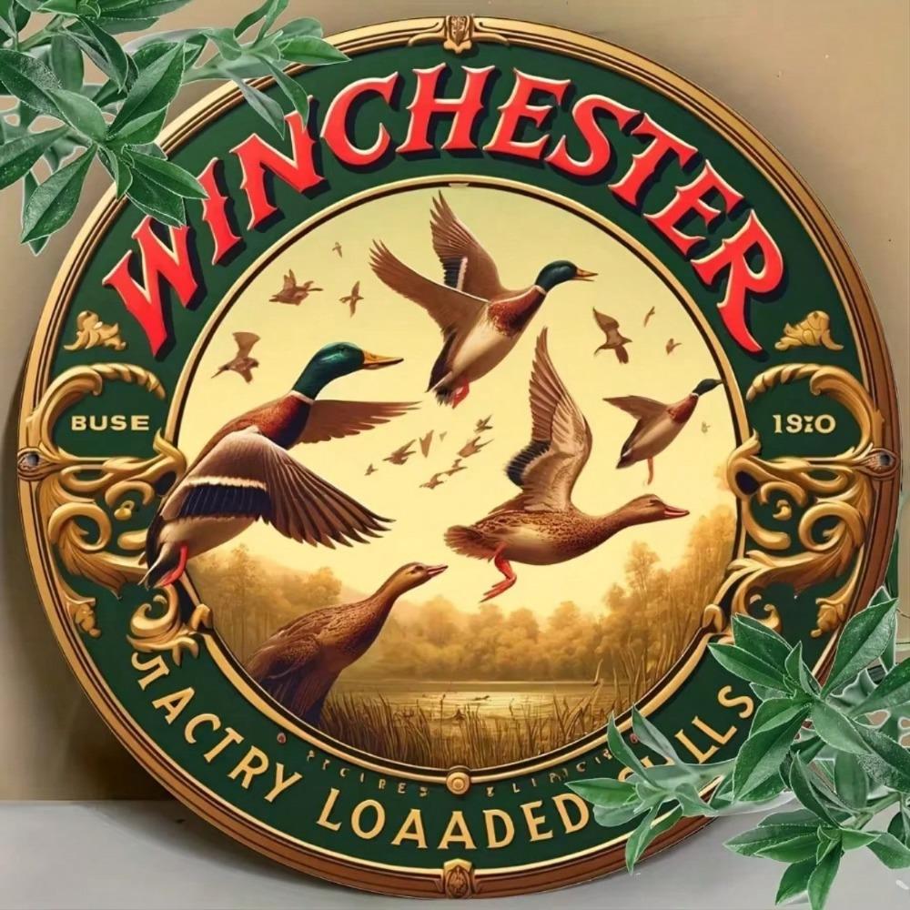 Vintage Winchester Duck Hunting Tin Sign Round Aluminum Retro Bar Pub Wall Decor