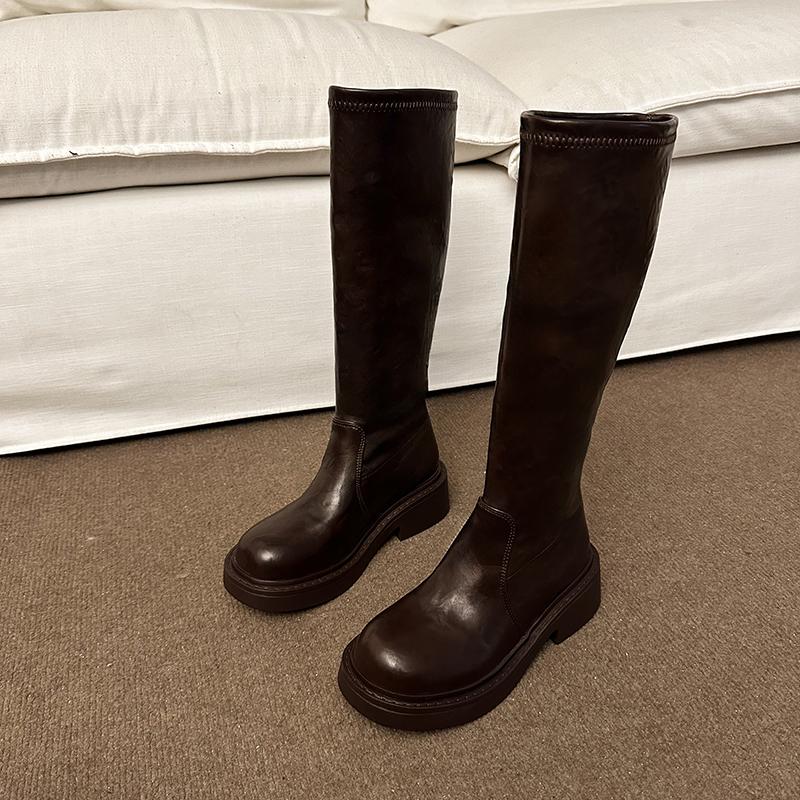 

мода Винтаж коричневые женские сапоги до колена модные туфли на толстом каблуке женские лаконичные длинные Botas De Mujer 40 коричневый