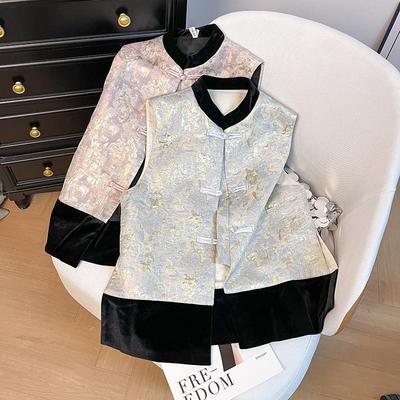Velvet Splicing Vest Women's 2025 Vintage Crew Neck Sleeveless Button Top