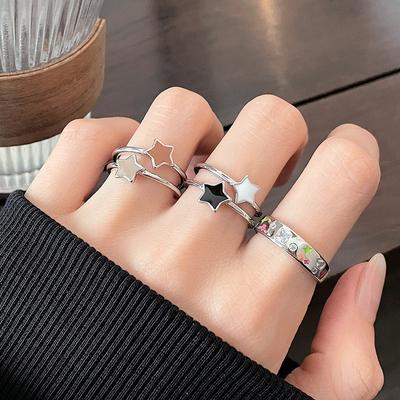 Simple Light Luxury Star Enamel Open Ring Black And White Color Scheme Niche Design Personalized Fashion Exquisite Ring