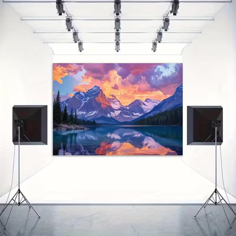 2D Sunset Mountain Lake 2D Backdrop, Landscape Decor