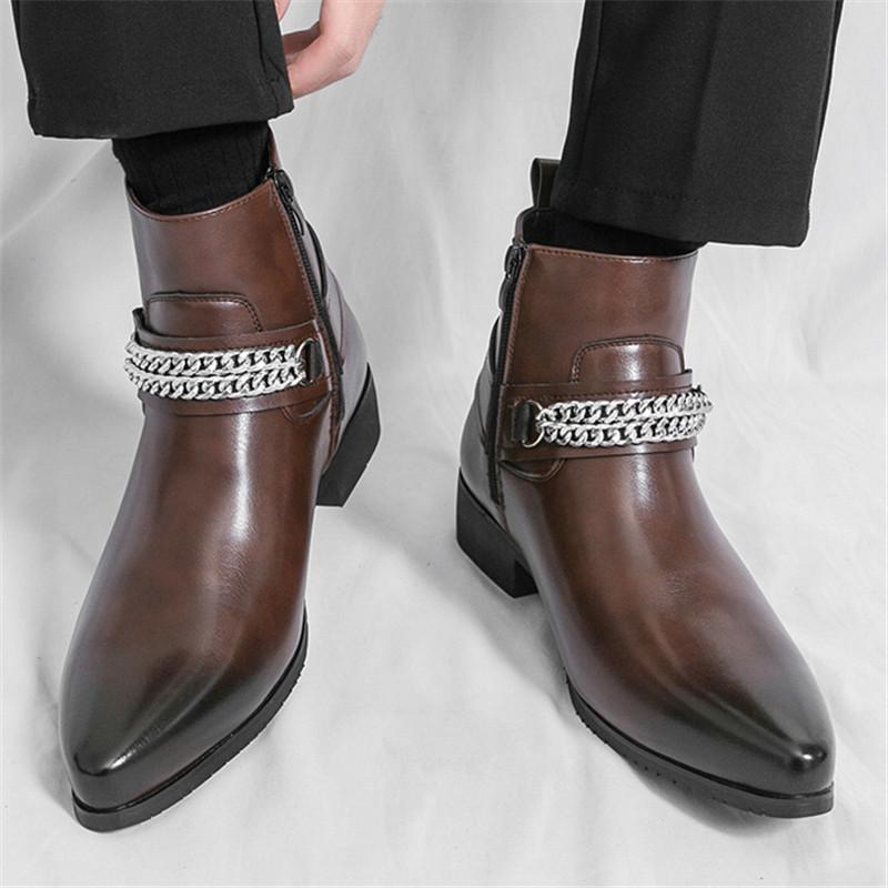 Designer New Men Metal Chain Pointed Toe Casual Ankle Boot Male Winter Fashion Black Brown Chelsea Leather Shoes Zapatos Hombre