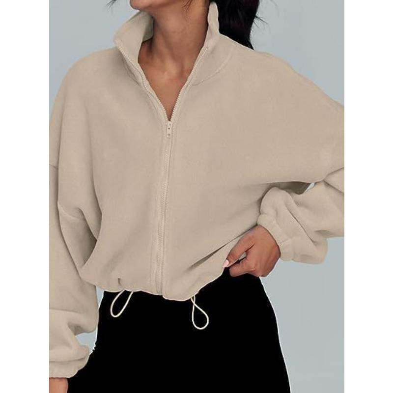 European and American Women's Fleece Sport Jacket with Vertical Collar Fleece-lined Zipper Jacket