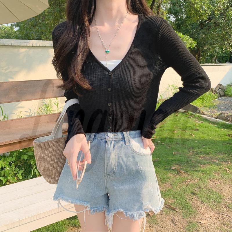 

2026 Spring/Summer Korean Style V-Neck Bamboo Knot Linen Cardigan - Elegant, Versatile Sun Protection with Long Sleeves One Size чорний