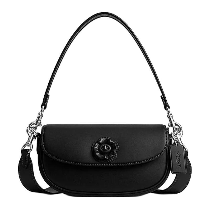 

COACH Emmy 23 tea rose pattern cow leather saddle bag hand-held crossbody shoulder bag medium size women s black чорний