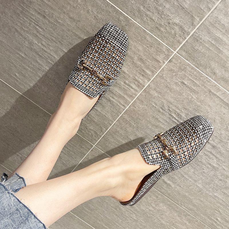 Slippers women's summer 2025 new rhinestone retro flat-bottomed outer slippers Muller super fire sandals fashion thousand bird grid
