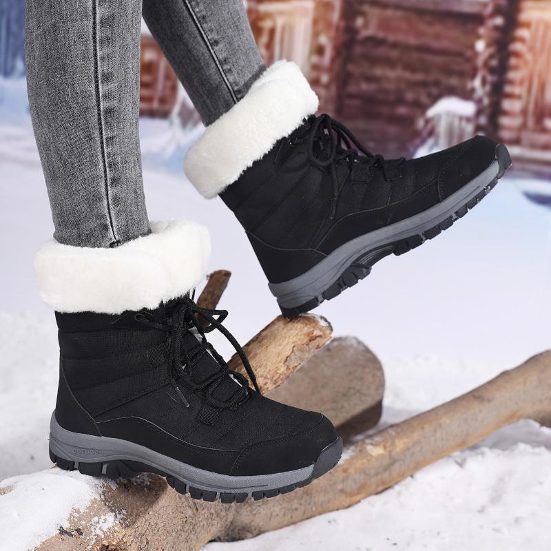 Women Winter Snow Boots Plush Lace Up Mid Calf Boots Thick Sole Warm Cotton Shoes Outdoor Hiking Sneakers Non Slip