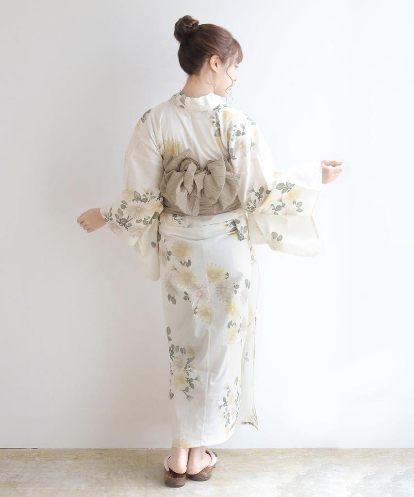Yukata change set heiko F Karen chrysanthemum dream one size fits [KYOETSU] set, weave, unbleached, 2-piece (yukata, obi), women's (10. bloom, all)