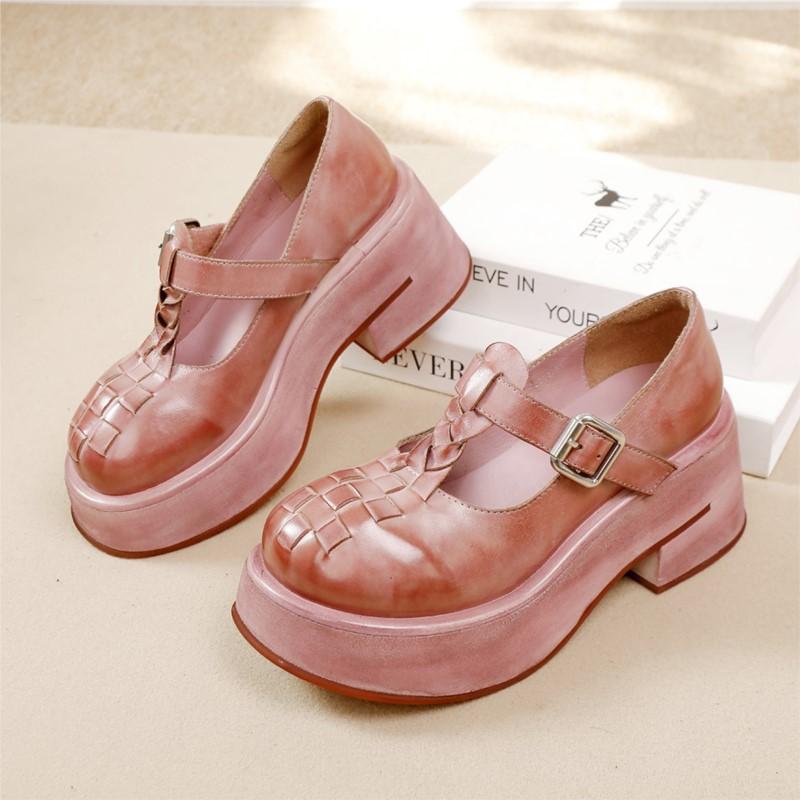 Fashion GKTINOO 2025 Spring/Summer New High End Cowhide Shallow T-shaped Buckle Pumps Retro Thick Sole Handmade Women's Platform Shoes