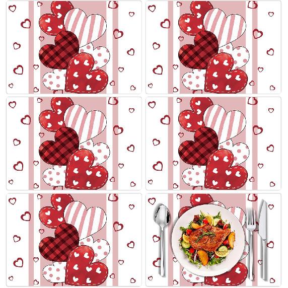 Tarklanda Pink Love Hearts Placemats Set of 6, 11 x 15.7 Inch Washable Vinyl Table Mats Valentine Holiday Plastic Placemats for Anniversary Wedding