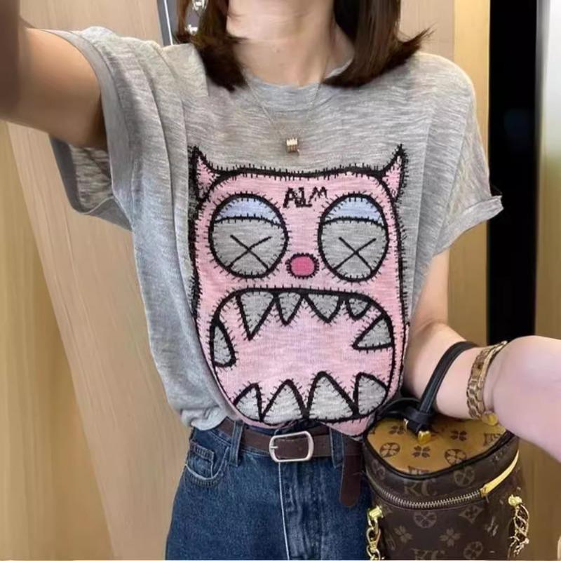 

Летняя новая стильная футболка большого размера с круглым вырезом и короткими рукавами, которая визуально стройнит 5XL серый