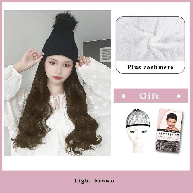 Wig Female Long Hair with Hat Wig One Female Summer Natural Full Head Style Fashion Net Red Trend Long Curly Hair