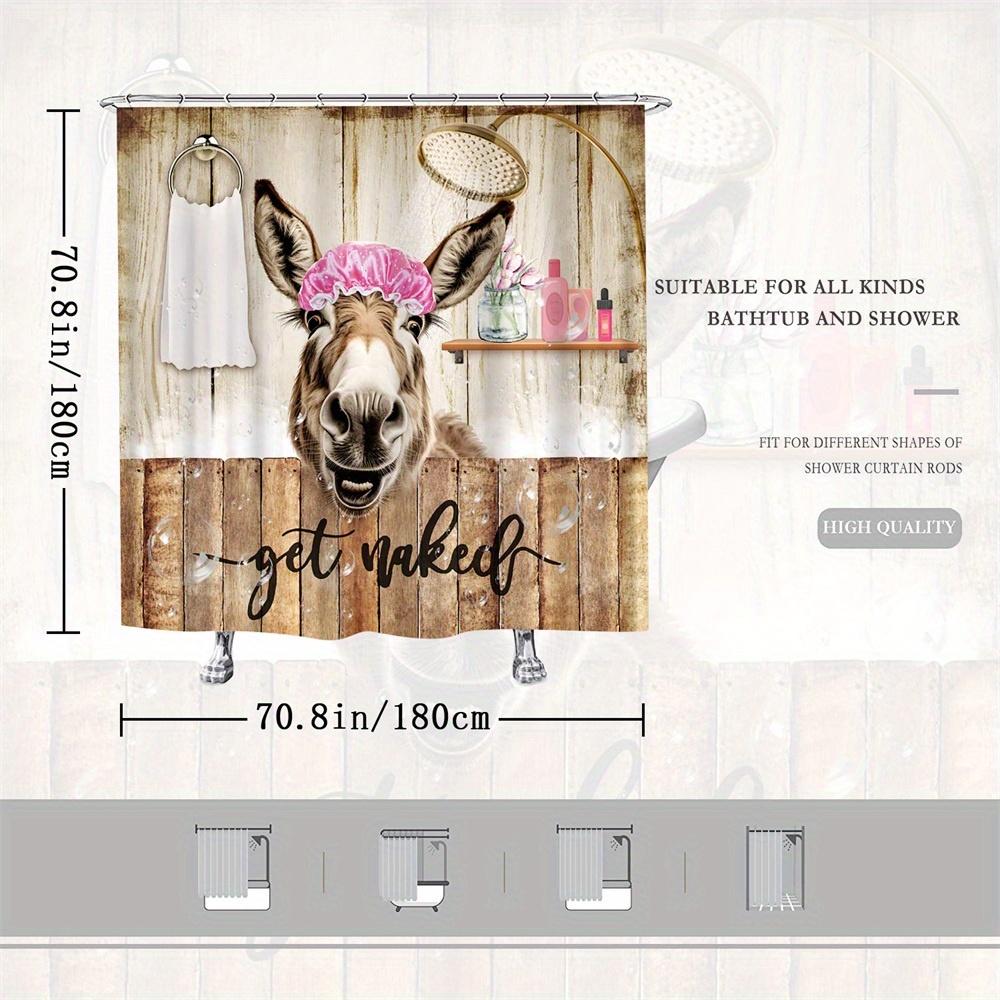 Whimsical Donkey Bathing Shower Curtain with Rustic Wooden Background -Fun"GET NAKED"Design, Perfect for Playful Bathroom Decor