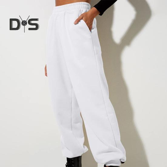 Women Pants High Elastic Waist Ankle Banded Solid Color Casual Soft Warm Pockets Loose Spring Fall Sweatpants Jogging Trousers