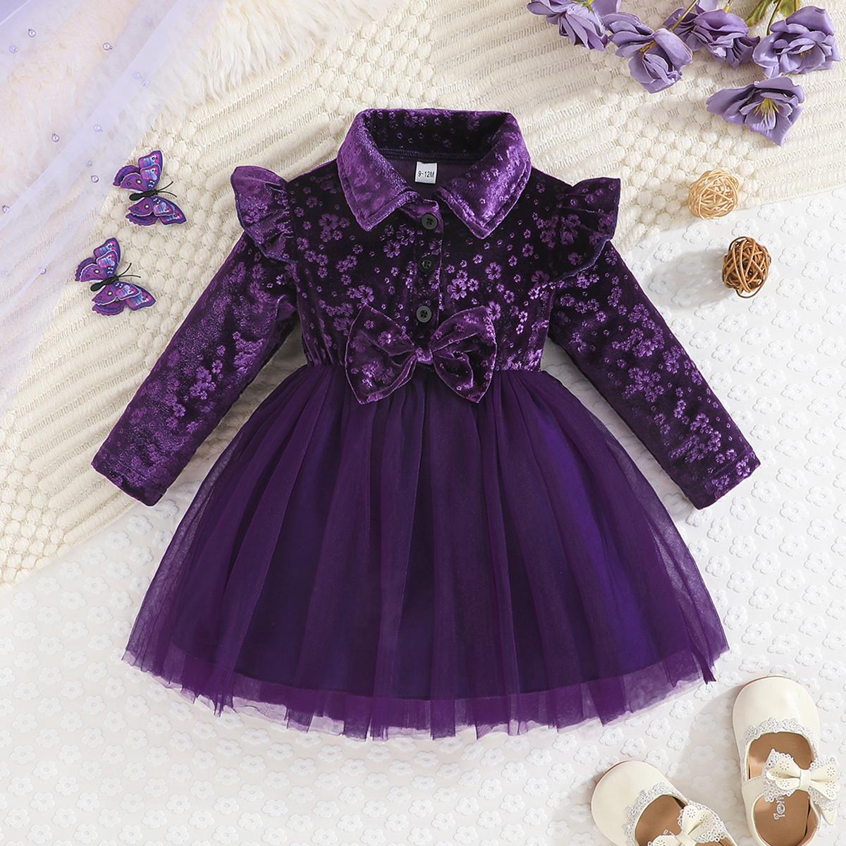 

Girls Purple Velvet Floral Tulle Dress with Bow 3-6M императорский
