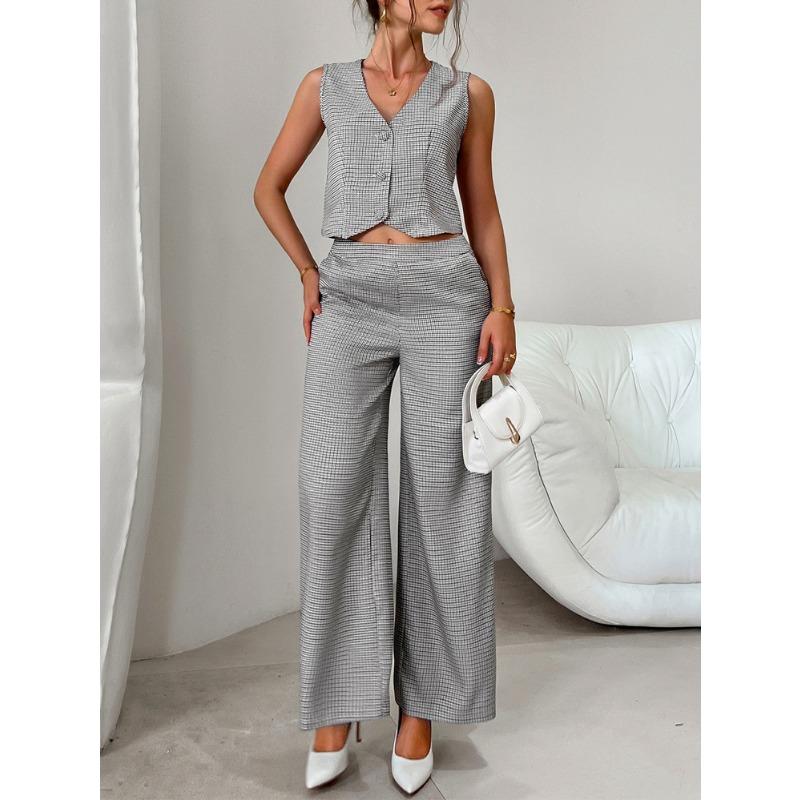 Women's checkered cardigan suit vest wide-leg trousers suit women's clothing