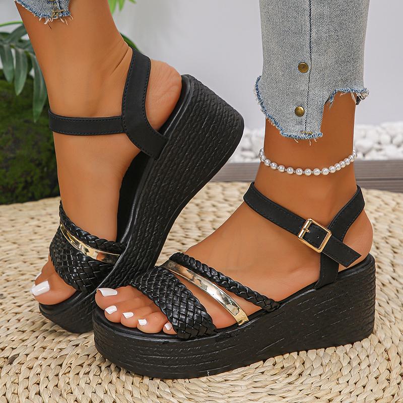 Fashion Braided Wedge Sandals for Women Summer 2025 Black Ankle Strap Platform Sandals Woman Thick Sole Non Slip Beach Sandalias