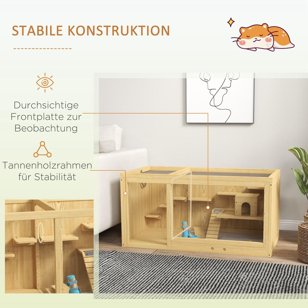 Small Animal Cage/gnawing Cage, Fir Wood, Including Accessories and Water Bottle, 100 X 50 X 50 Cm, Natural