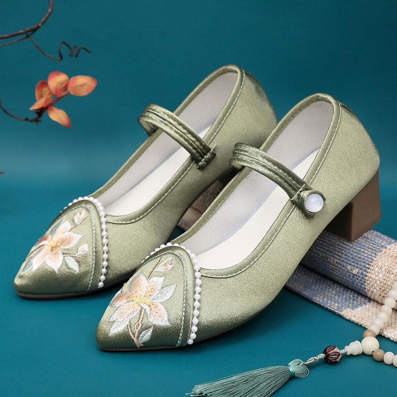 

Женские туфли на высоком каблуке, новые туфли Мэри Джейн, роскошные повседневные туфли из хлопчатобумажной ткани с вышитыми цветами, элегантные туфли-лодочки с острым носком и квадратным каблуком 35 зелёный