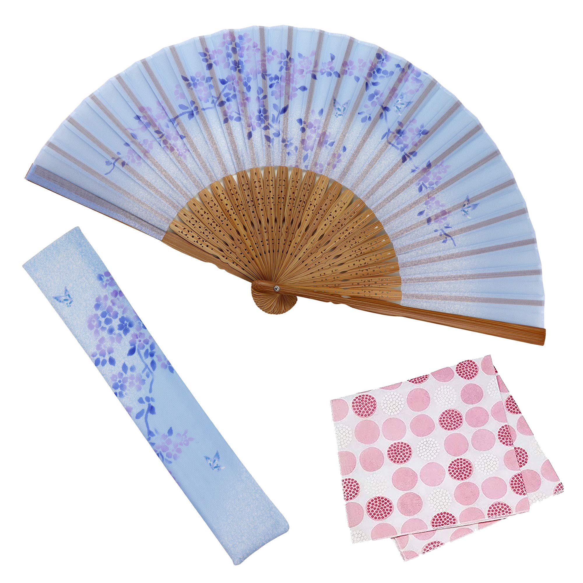 [Osaka Choseido] Women s Fan, Stylish, Business, with Fan Case and Handkerchief Set, Spring Flower Design, Blue