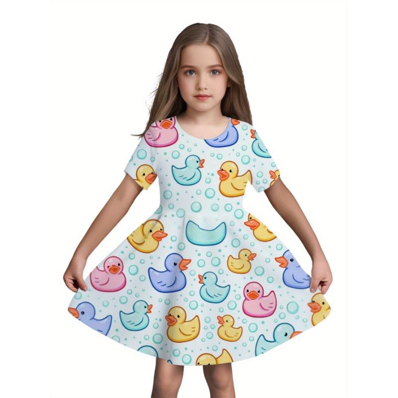 

Summer Girls Cute Colorful Cartoon All-Over Print Short-Sleeve Dress, Casual Outdoor Sports Holiday Spring-Summer Birthday Festival, Random Print 110
