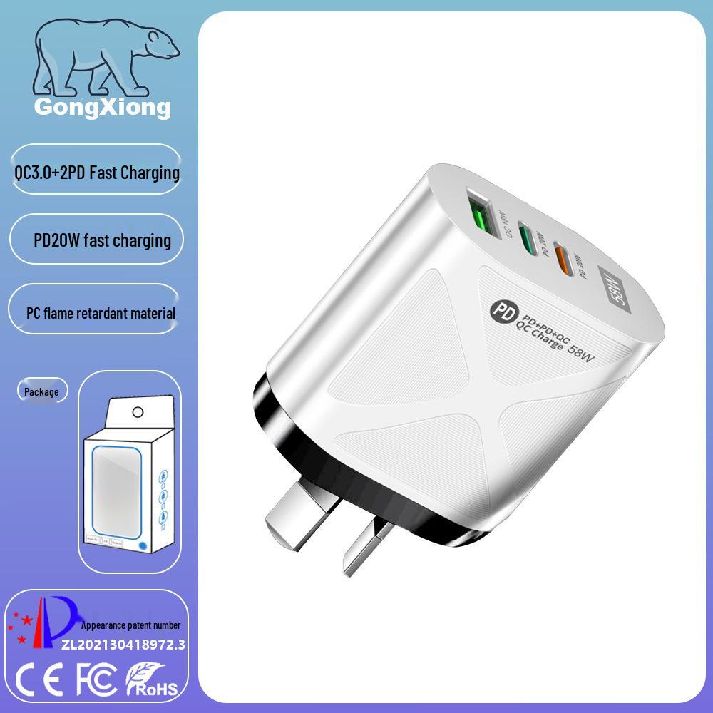 58W Dual Fast Charger with 2PD + QC3.0, EU/US/UK/AU Plug