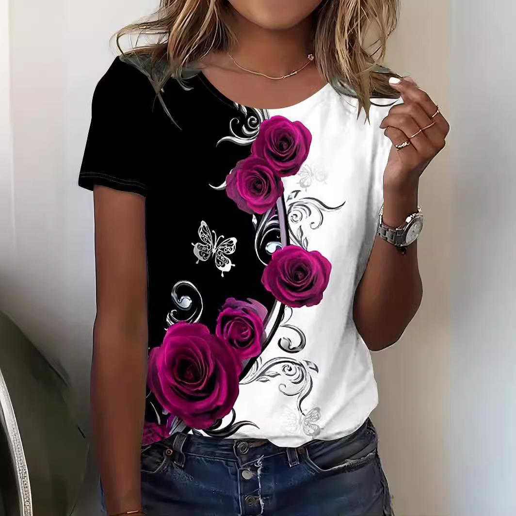 

Футболки с 3D-цифровой печатью, женская футболка с цветочным круглым вырезом и короткими рукавами 6XL ярко-розовый