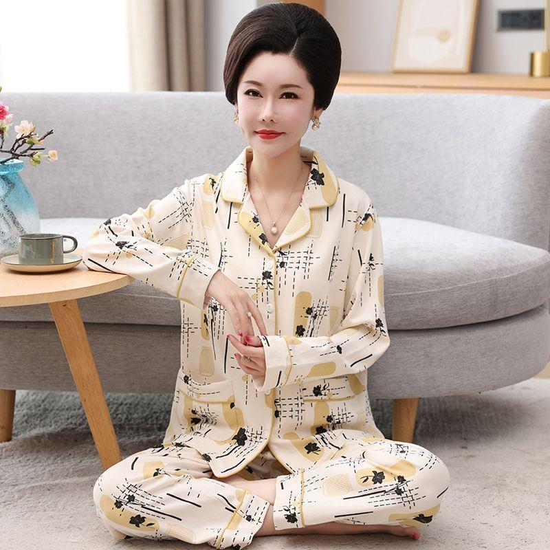 Middle-aged women's 100% pure cotton pajamas women's summer long-sleeved pajamas middle-aged and elderly mother loungewear thin suit