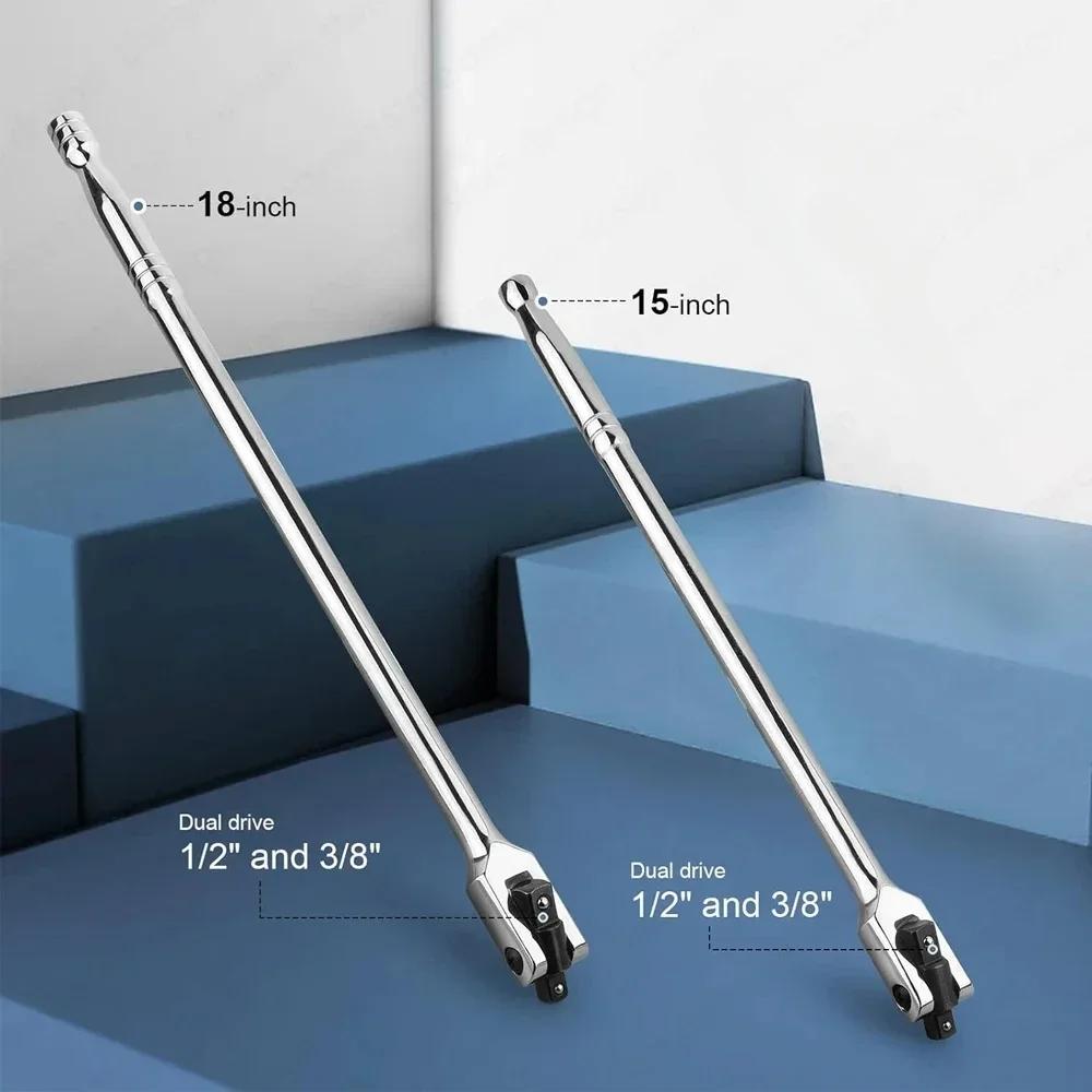 1/2'' Drive Breaker Bar Wrench Socket 10/15/18inch Extension 180-Degree Cr-V Flex Head and Engraved Non-slip Handle Repair Tools
