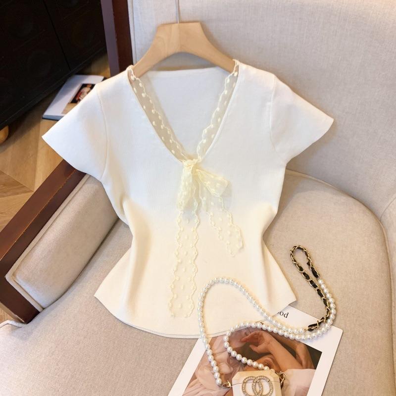 

Real shot dopamine v-neck knitted short-sleeved t-shirt women s summer new lace bow short slim top XL білий